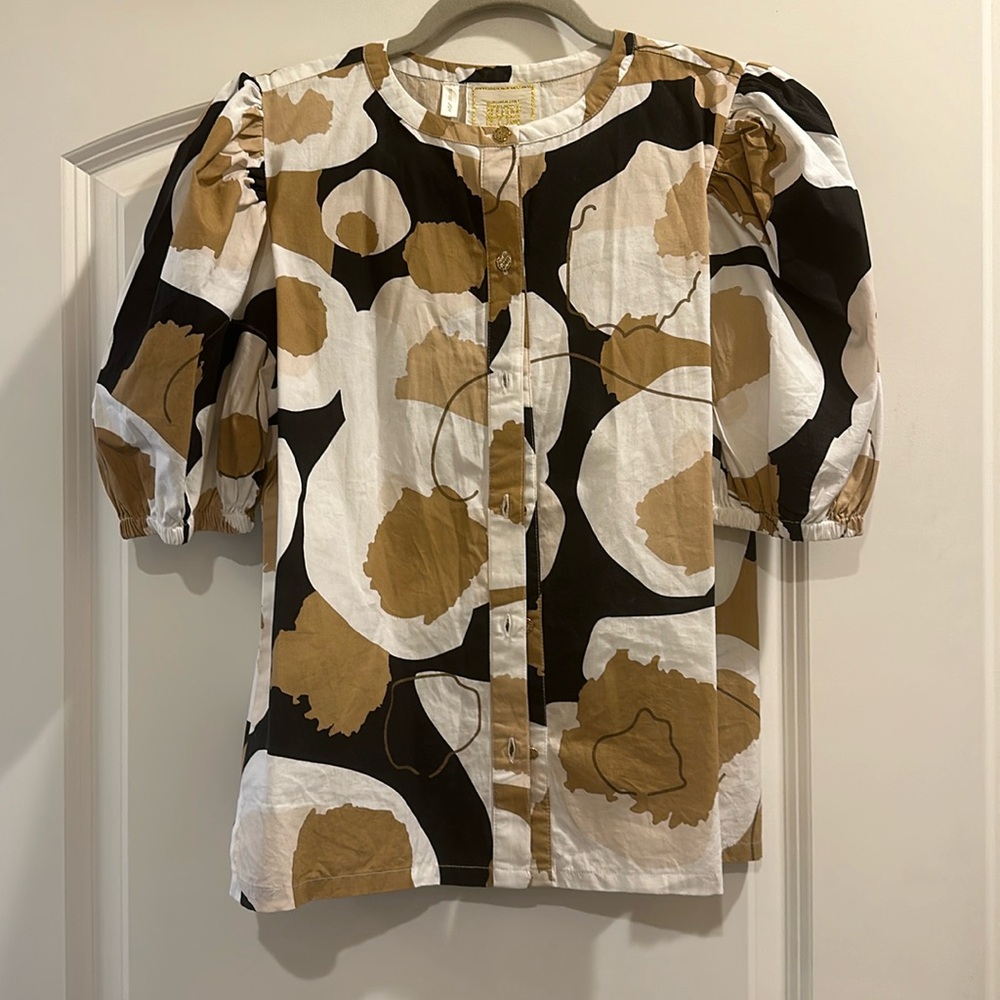 Emily McCarthy black cream and tan print shirt